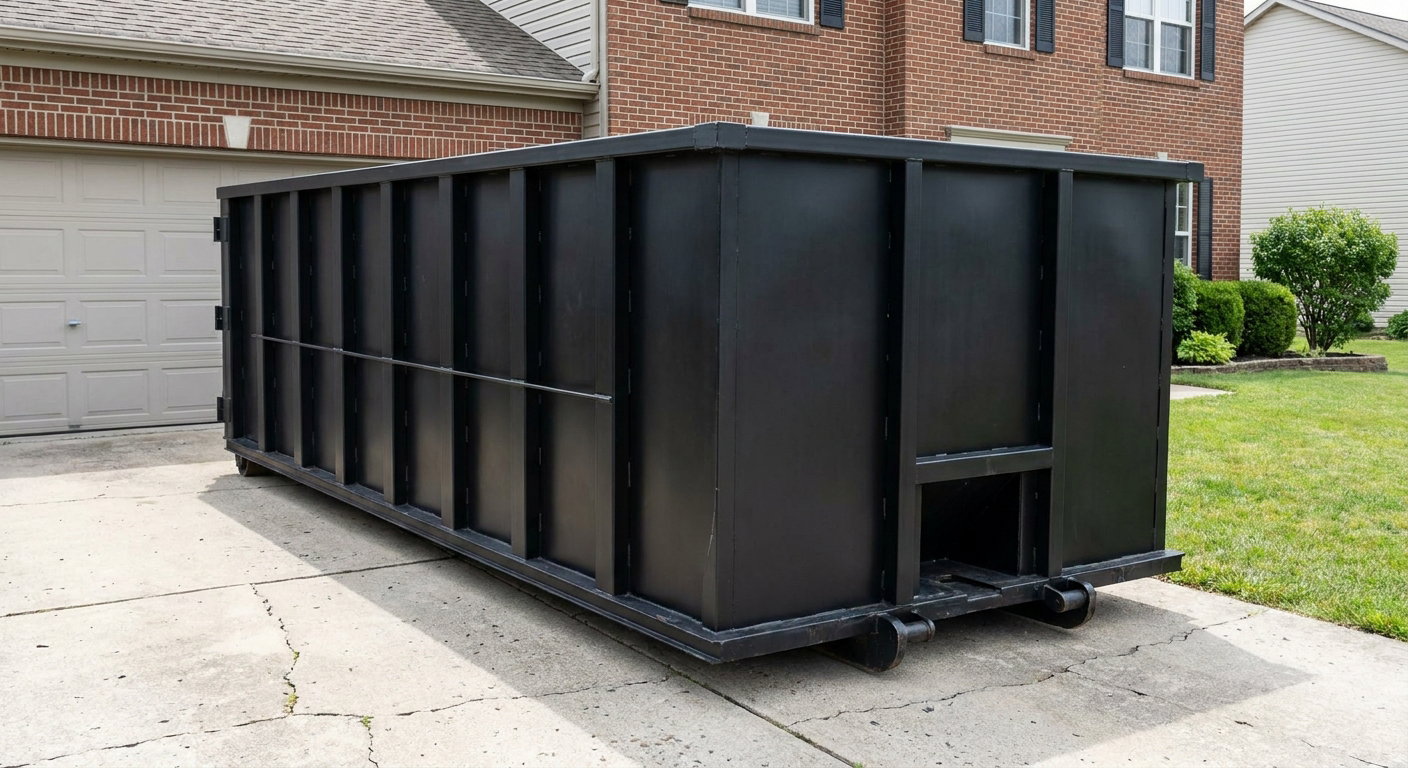 Matte-black 20-yard roll-off container on a El Paso residential concrete driveway with reinforced ribbed steel sidewalls and a hinged rear walk-in door, clean bright daylight.