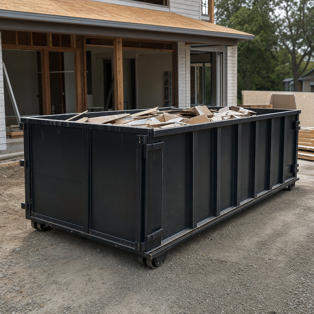 Large matte-black 30-yard construction roll-off dumpster at an active El Paso jobsite, steel-gray top rails and bottom rollers visible, loaded with construction debris.