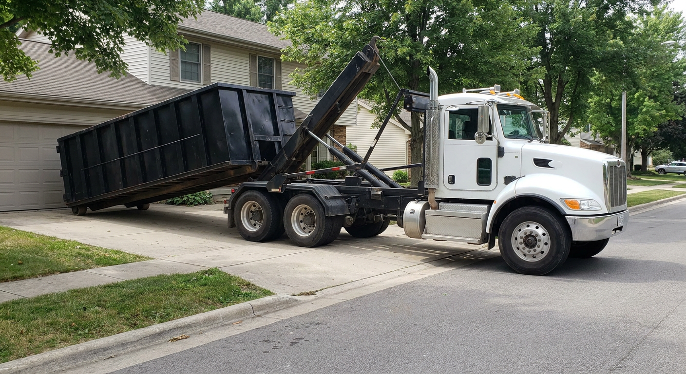 White-cab hooklift roll-off truck actively lowering a matte-black dumpster onto a El Paso residential concrete driveway, the dumpster's rear wheels touching the driveway as the hoist arm tilts the bed forward, mid-morning daylight.