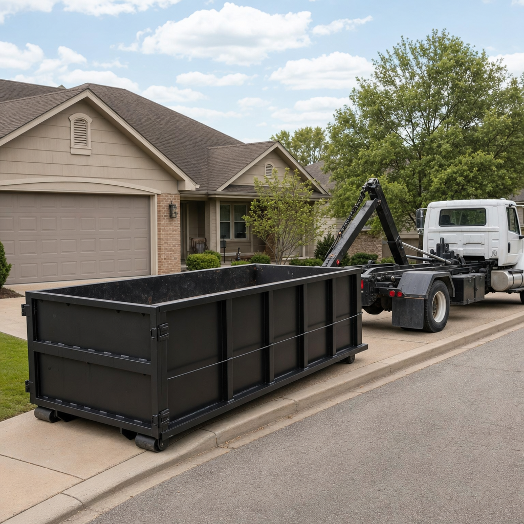 Wide documentary shot of a matte-black roll-off dumpster on a El Paso residential driveway in the foreground and a contractor jobsite container in the soft-focus background, bright daylight, calm and orderly composition.